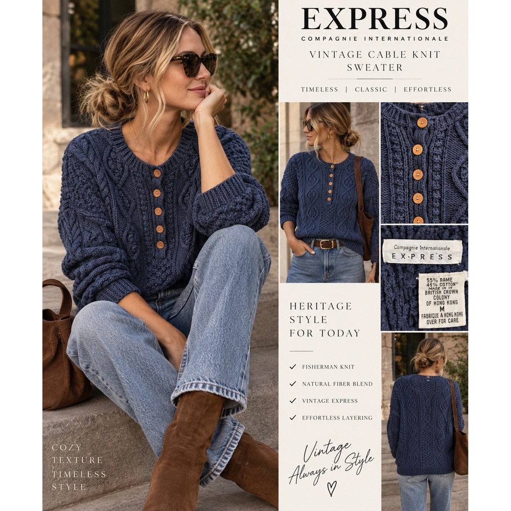 Vintage Express Cable Knit Sweater M Fisherman Grandpa Coastal Preppy